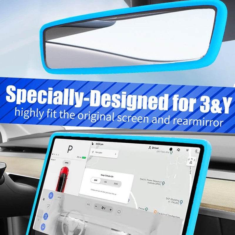 Yeapop 2Pcs Silicone Protector Frames of Screen and Rear View Mirror for Tesla Model 3 2017-2023 and Model Y 2019-Feb.2025. (Blue) - Image 2